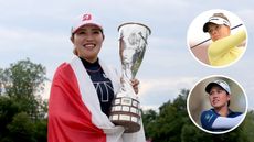 Main image of Ayaka Furue holding the Evian Championship trophy while wearing a Japan flag and inset images of Esther Henseleit (top right) and Jeeno Thitikul (bottom right)