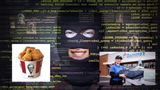 face-on of criminal in ski mask surrounded by lines of code implying hacking, with kfc bucket, faceapp smile, and dominos deliveryperson amateurishly edited in