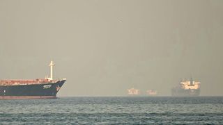 A series of large black and red cargo ships are seen in the smog over a dark blue ocean