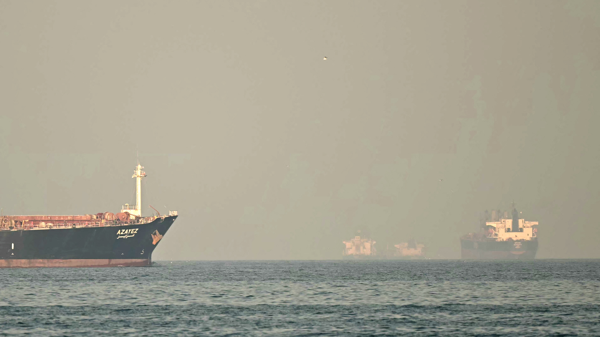 A series of large black and red cargo ships are seen in the smog over a dark blue ocean