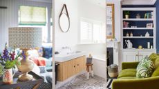 a compilation image of living room lighting, a zen bathroom and a blue living room with a green velvet sofa to demonstrate key Pinterest trends 2025