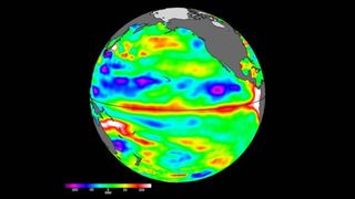 Satellite image of Earth showing areas of the Pacific ocean that are warmer and higher - a sign of El Nino