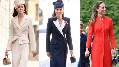 A composite of three pictures of Kate Middleton holding small top handle bags from DeMellier on different occasions