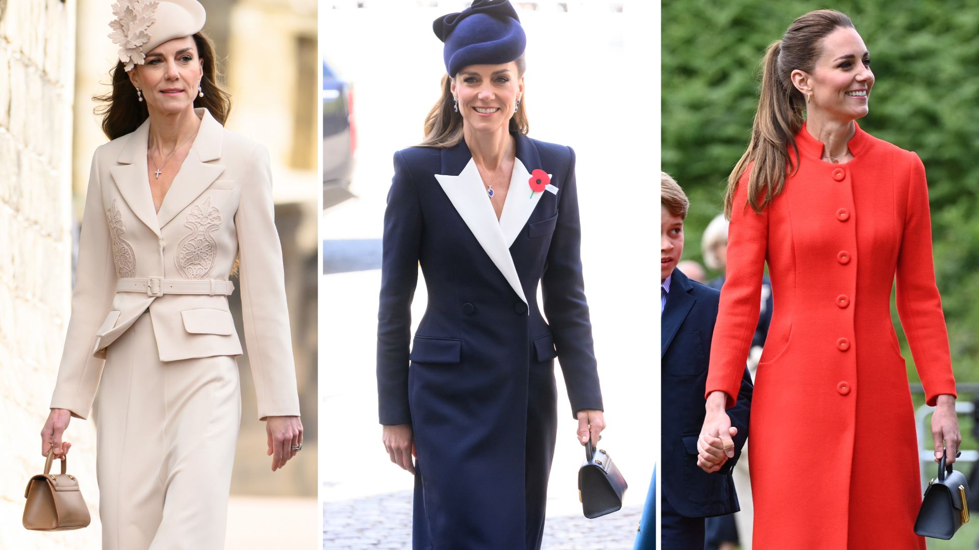 A composite of three pictures of Kate Middleton holding small top handle bags from DeMellier on different occasions