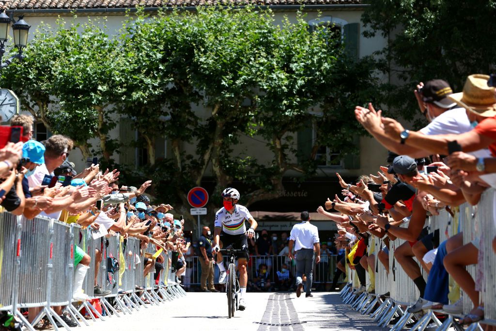 NMES FRANCE JULY 08 Julian Alaphilippe of France and Team Deceuninck QuickStep at start during the 108th Tour de France 2021 Stage 12 a 1594km stage from SaintPaulTroisChateaux to Nimes Public Fans LeTour TDF2021 on July 08 2021 in Nmes France Photo by Michael SteeleGetty Images