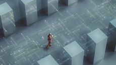 Businesswoman holding handheld device while walking in an abstract data center environment made up of blocks with bright colored data lines flowing on ground.