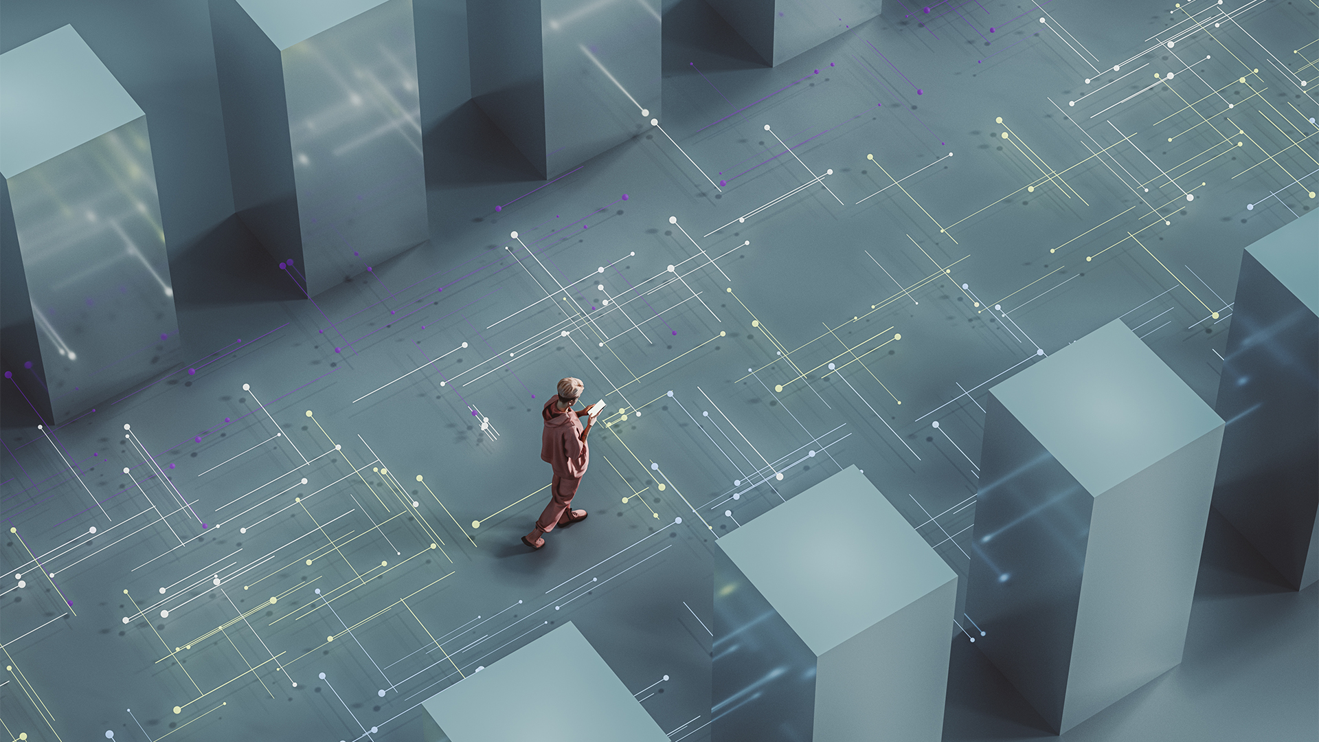 Businesswoman holding handheld device while walking in an abstract data center environment made up of blocks with bright colored data lines flowing on ground.