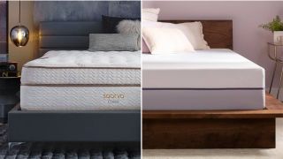 Saatva vs Purple mattress comparison image shows the Saatva Classic mattress on the left and the Purple Plus mattress on the right 