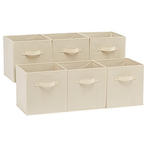 Amazon Basics Collapsible Fabric Storage Cubes Organizer With Handles, 10.5"x10.5"x11", Beige - Pack of 6