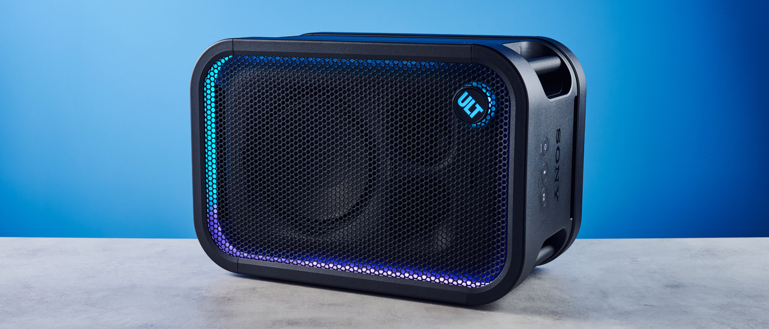 A black Sony ULT Tower 5 portable party speaker