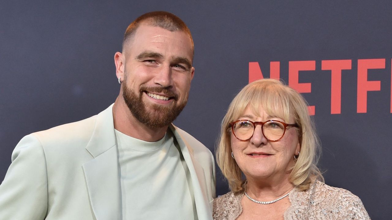 Travis Kelce and his mom Donna Kelce arrive for the premiere of Netflix&#039;s docuseries &quot;Quarterback&quot; at the Tudum Theatre in Los Angeles, on July 11, 2023.