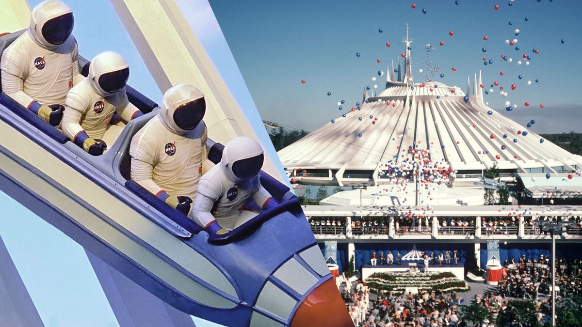 four spacesuited figures are shown in a ride vehicle opposite a photo of the opening day ceremony for Space Mountain at Walt Disney World