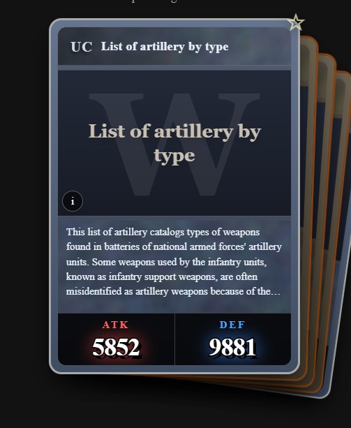 Playing card from Wikigacha derived from the Wikipedia article for List of artillery by type