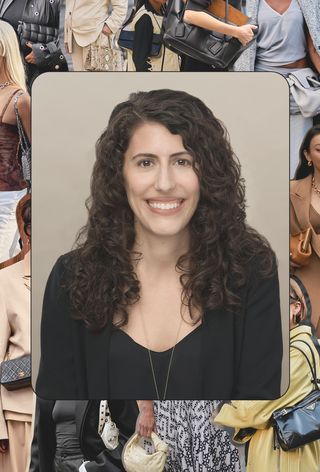 a headshot photo of the luxury resale expert Elizabeth Layne layered over a collage of street-style images showing the most popular vintage handbags