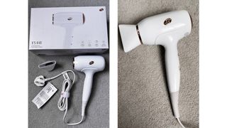 Two adjacent images of the T3 Fit Compact Hair Dryer with its box and attachment (left) and a close-up of the dryer with the nozzle attached (right)