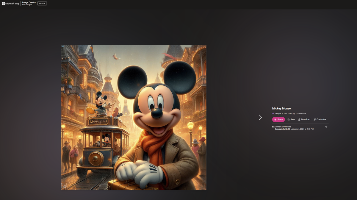 Mickey Mouse generated by Bing