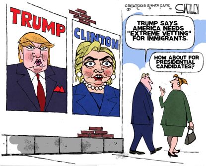 Political cartoon U.S. extreme vetting presidential candidates Donald Trump Hillary Clinton election 2016