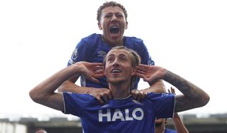 Jack Clarke of Ipswich Town celebrates a scoring his team's second goal with Kasey McAteer in the Premier League match against Sunderland at Portman Road on August 22, 2026 in Ipswich, United Kingdom