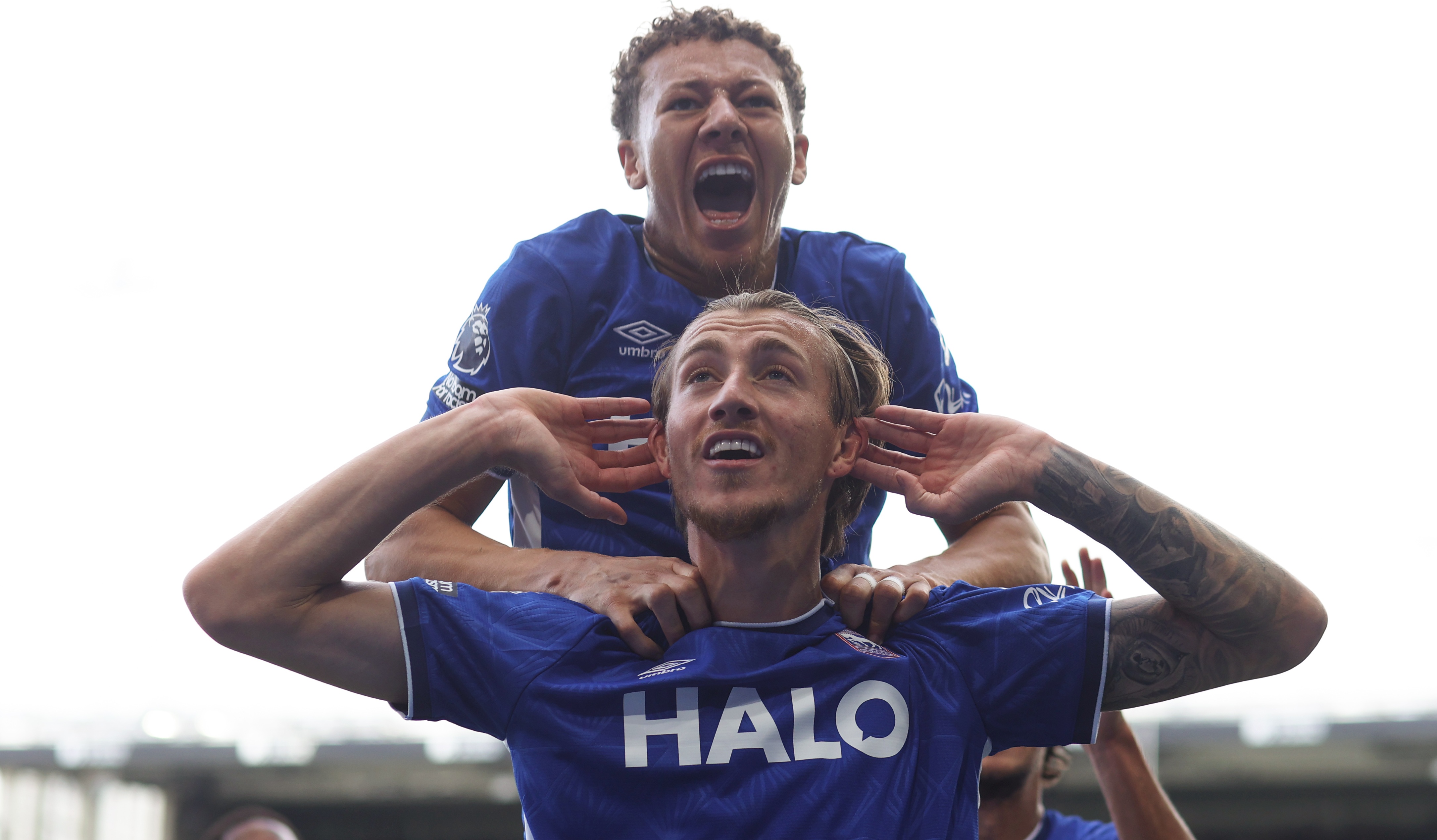 Jack Clarke of Ipswich Town celebrates a scoring his team's second goal with Kasey McAteer in the Premier League match against Sunderland at Portman Road on August 22, 2026 in Ipswich, United Kingdom