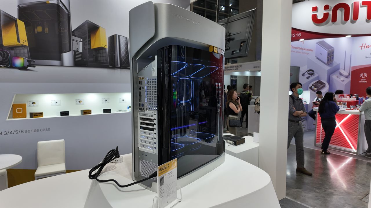 The Geometric Future Model 9 PC case at a display booth at Computex 2025