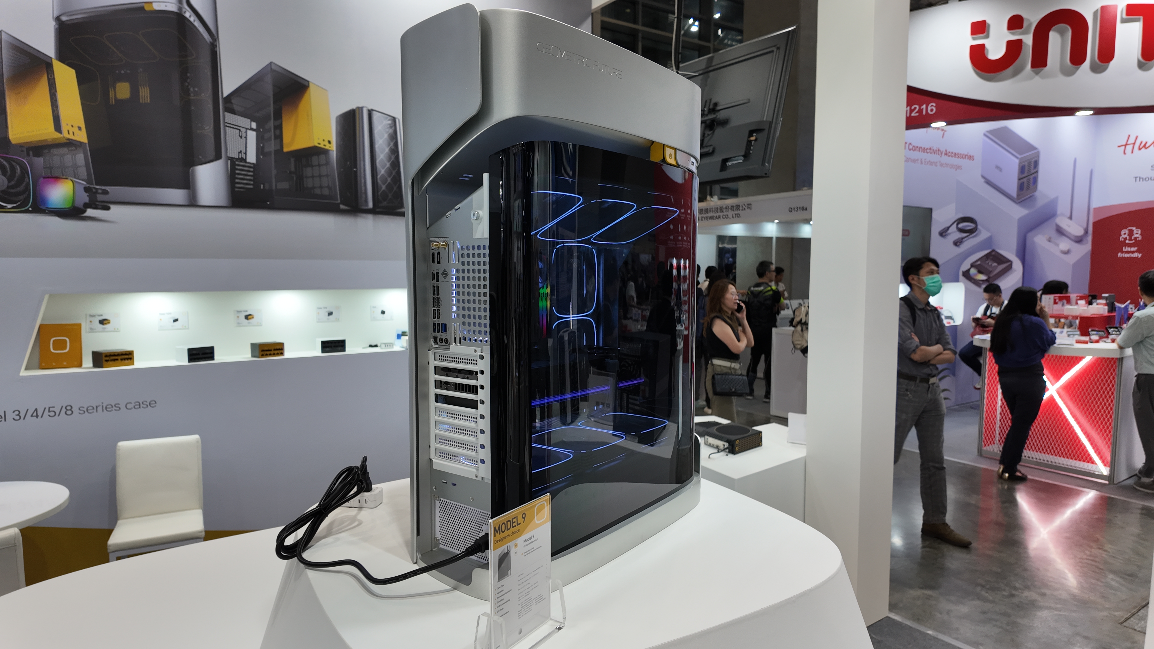 The Geometric Future Model 9 PC case at a display booth at Computex 2025