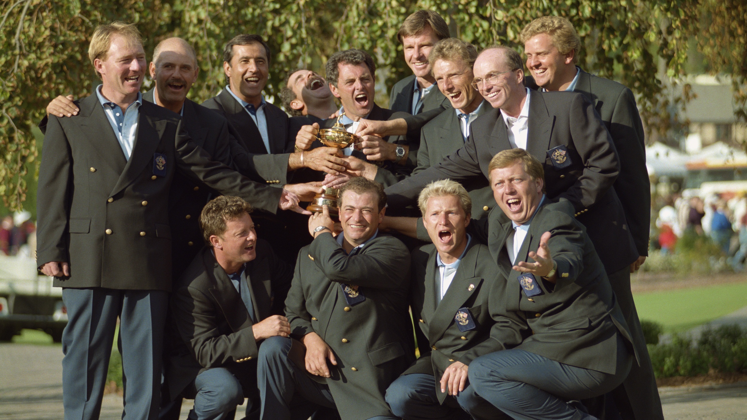 The victorious 1995 European Ryder Cup team celebrate at Oak Hill