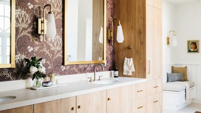 a mulberry bathroom with wallpaper