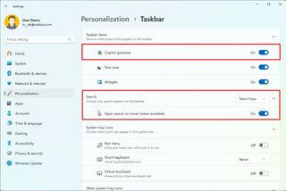 Taskbar settings with Search and Copilot