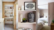 Three images of organized rooms including a pantry, living room shelves and a bedroom