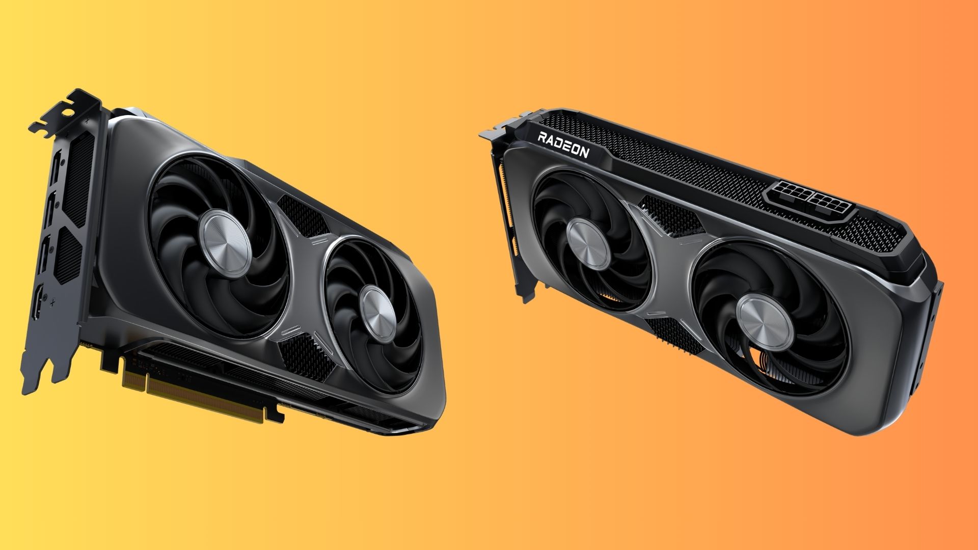 AMD RX 9070 GRE front, on a yellow background