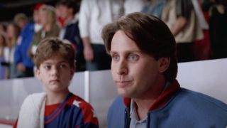 Joshua Jackson looking at Emilio Estevez in The Mighty Ducks during the big game.