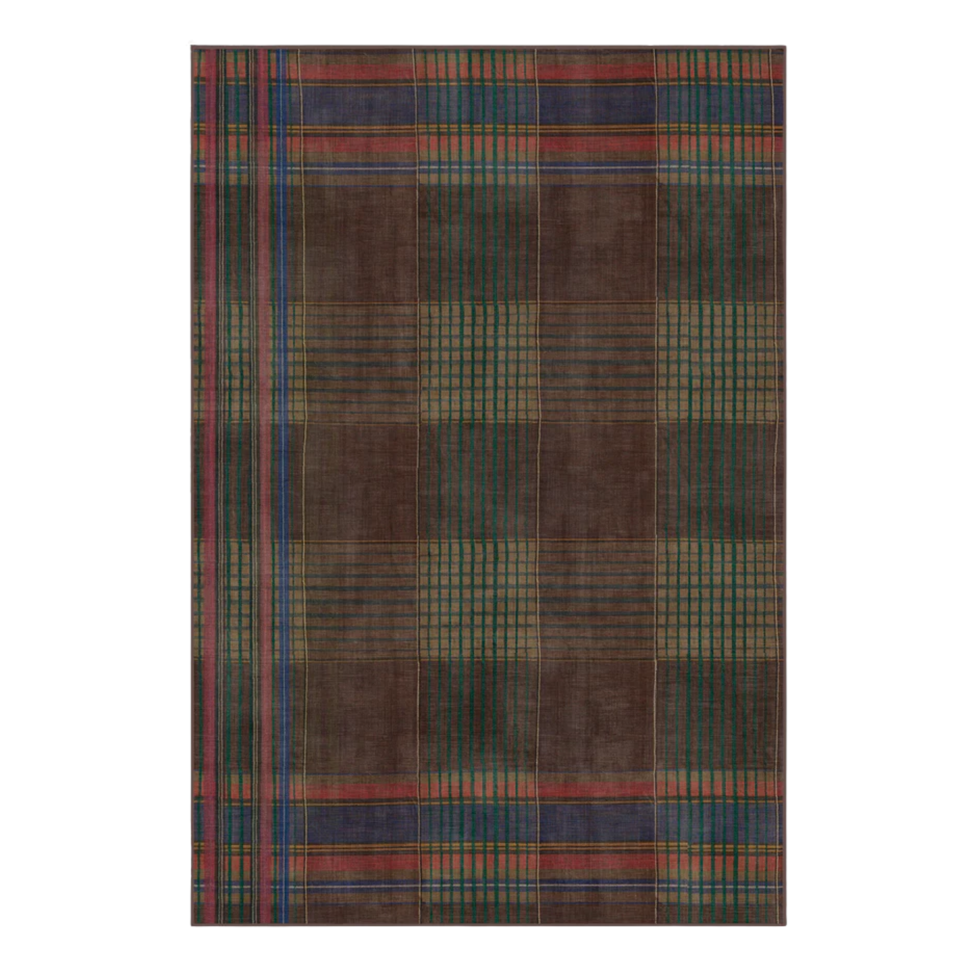 a deep red rug with a plaid pattern in shades of green, red, and blue
