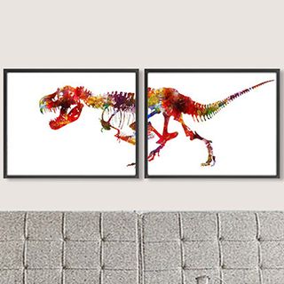 white wall with frames on wall with dinosaur
