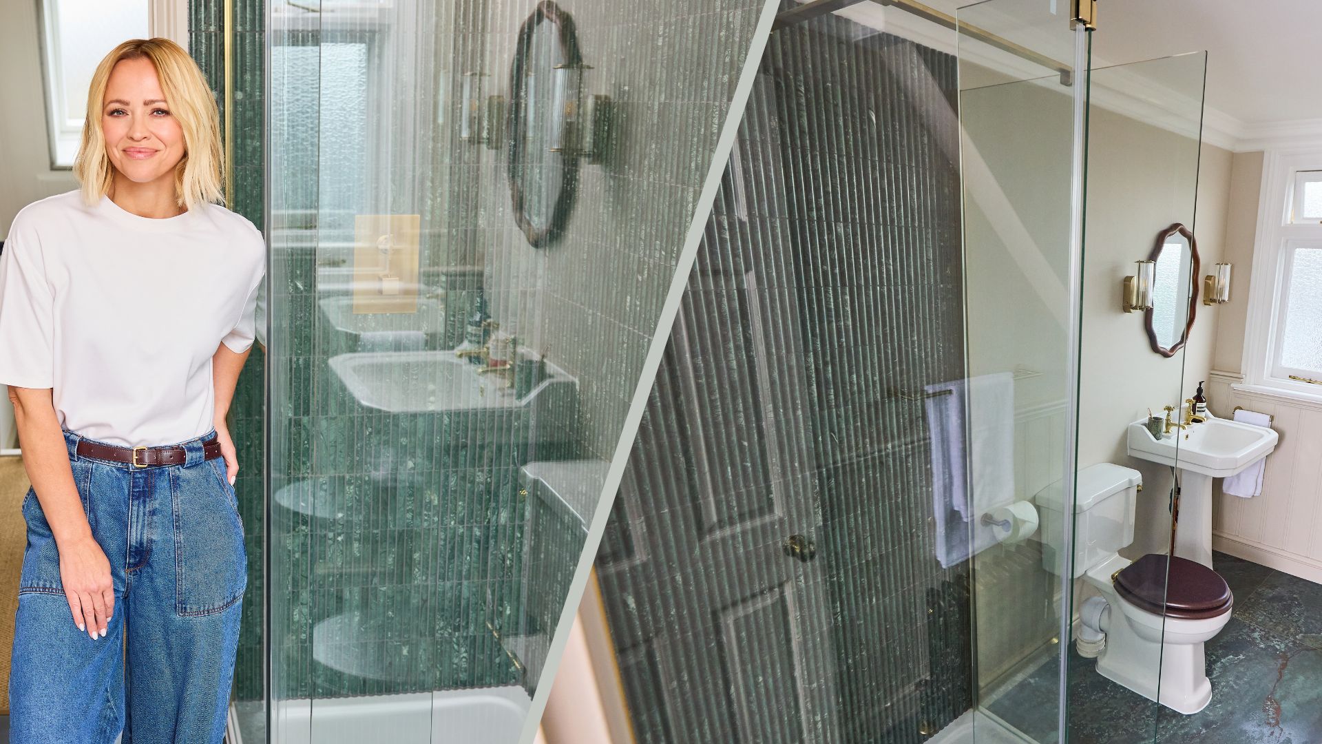 Kimberley Walsh stood in her family bathroom showing off the tiles in her Kimberley Walsh x Wickes Mosaic Tile Collection