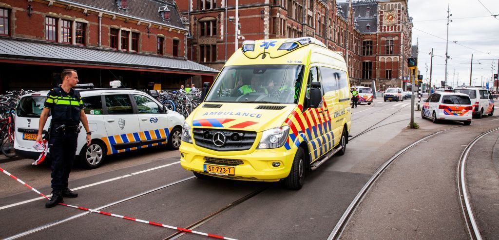 Policemen are at work after a stabbing incident at the central station in Amsterdam, on August 31, 2018.