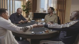 Terrence Howard as Quentin, Taye Diggs as Harper Stewart, Harold Perrineau as Julian Murch, Morris Chestnut as Lance Sullivan playing cards in The Best Man: The Final Chapters