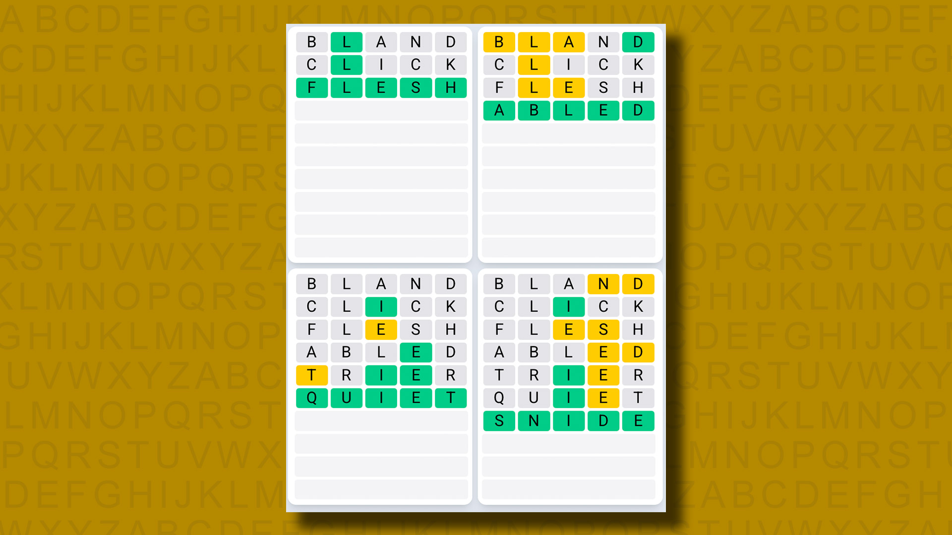 Quordle Daily Sequence answers for game 1254 on a yellow background