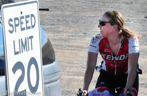 Amanda Carey (Kenda/Felt) warms up on a trainer while trying not to break the speed limit