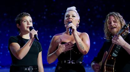 Pink and her daughter Willow perform during the Democratic National Convention (DNC) at the United Center in Chicago, Illinois, US, on Thursday, Aug. 22, 2024.