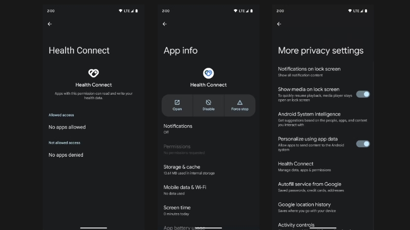 Capturas de pantalla que muestran Health Connect en Android 14