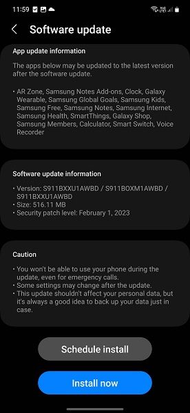 The file size for the February 2023 security patch on a Galaxy S23.