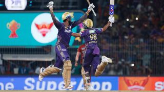 Shreyas Iyer of Kolkata Knight Rider and Venkatesh Iyer of Kolkata Knight Riders celebrate their team's win over Sunrisers Hyderabad during the 2024 IPL Final match between the Kolkata Knight Riders and Sunrisers Hyderabad at MA Chidambaram Stadium on May 26, 2024 in Chennai, India