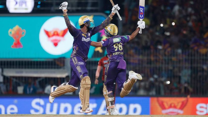 Shreyas Iyer of Kolkata Knight Rider and Venkatesh Iyer of Kolkata Knight Riders celebrate their team&#039;s win over Sunrisers Hyderabad during the 2024 IPL Final match between the Kolkata Knight Riders and Sunrisers Hyderabad at MA Chidambaram Stadium on May 26, 2024 in Chennai, India