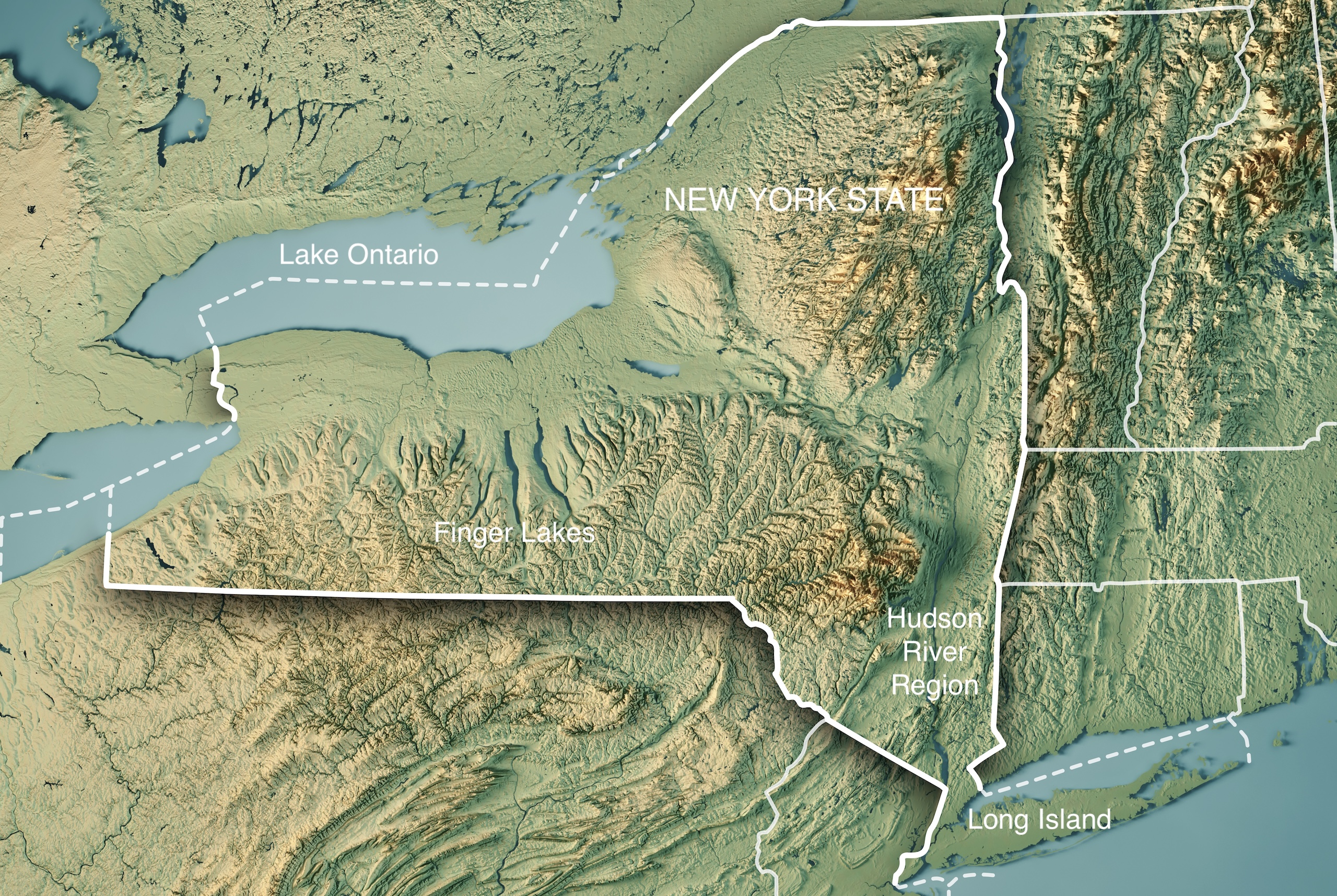 A topographic map of New York state, labeled with the Finger Lakes, Hudon River Region and Long Island wine regions