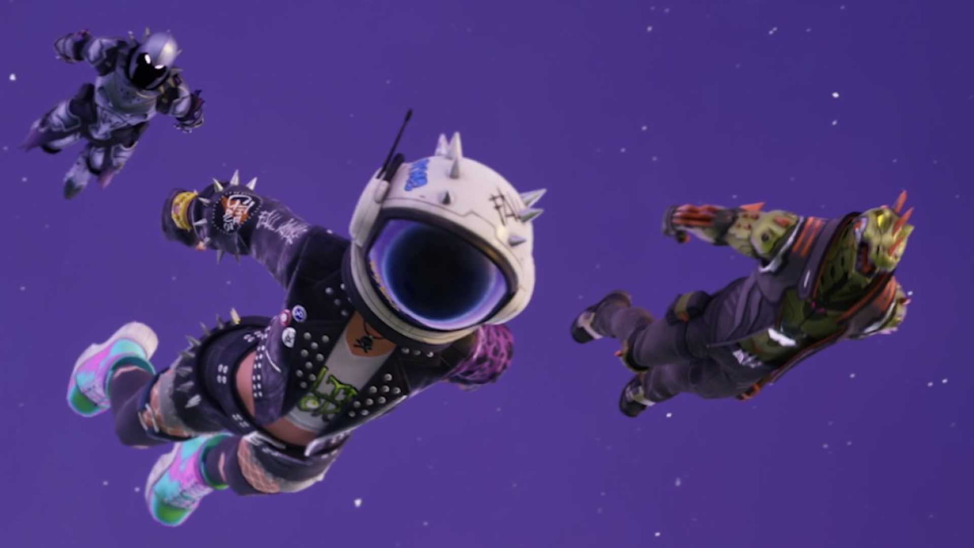 Three Fortnite characters dive in against a purple starry sky.