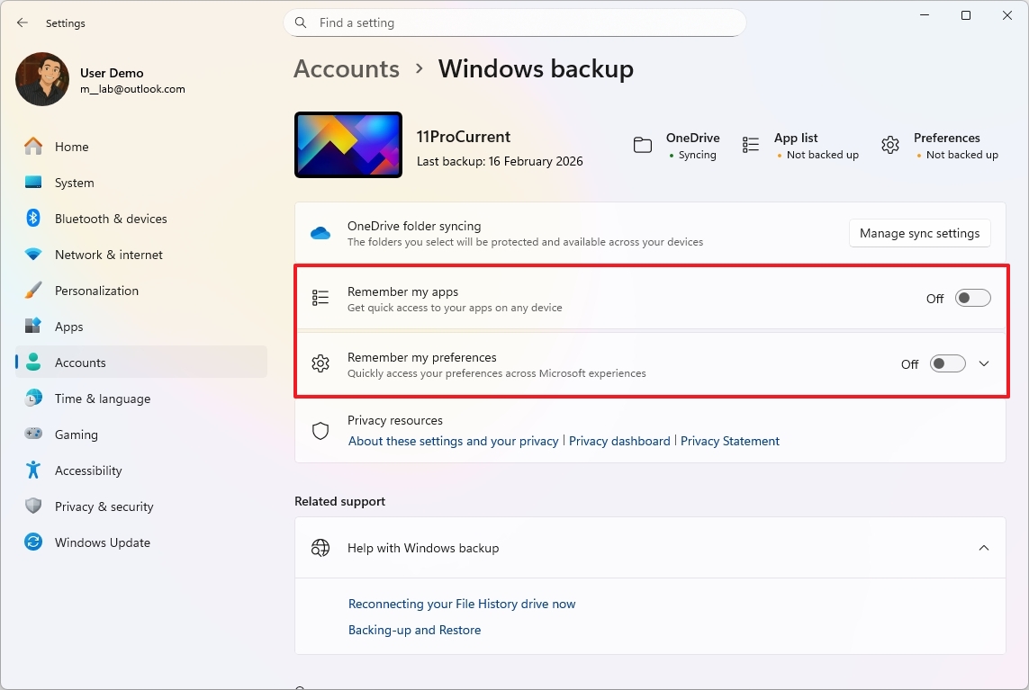Disable Windows Backup settings