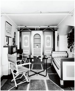Black and white image of the interior of one of the rooms in the original style