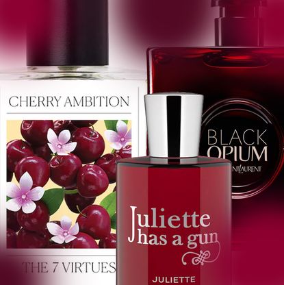 product collage of Juliette Has a Gun Juliette Eau de Parfum, YSL Black Opium Eau de Parfum Over Red, The 7 Virtues Cherry Ambition Eau de Parfum on dark red gradient background 