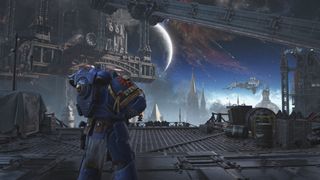 Titus looking out across the spires of a city in Space Marine 2.