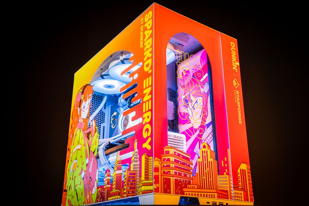 Dunkin themed pc at twitchcon is covered in anime girls tom s hardware
